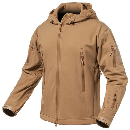 Herren Softshell Outdoor Jacke mit Kapuze und Reißverschlusstaschen Tarnmuster