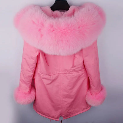 Damen Winterparka mit Kapuze & Pelzimitat-Futter in Rosa