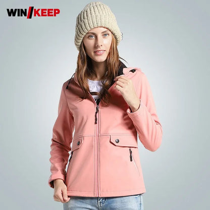 Damen Outdoor Jacke mit Kapuze und Muster Türkis Pink Blau