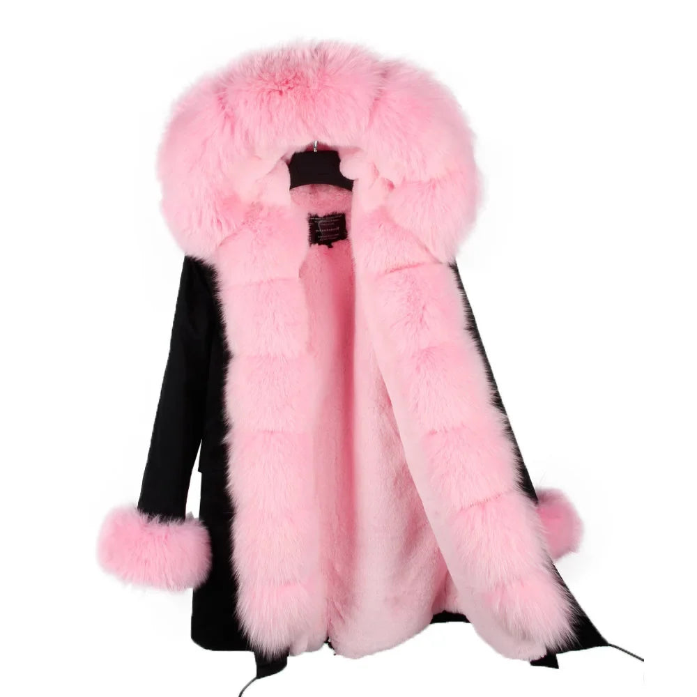 Damen Winterparka mit Kapuze & Pelzimitat-Futter in Rosa