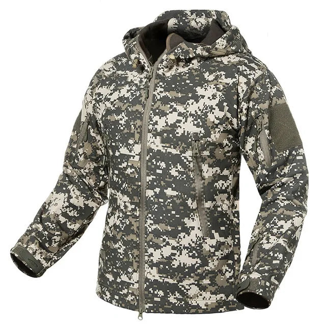 Herren Softshell Outdoor Jacke mit Kapuze und Reißverschlusstaschen Tarnmuster