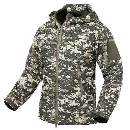 Herren Softshell Outdoor Jacke mit Kapuze und Reißverschlusstaschen Tarnmuster
