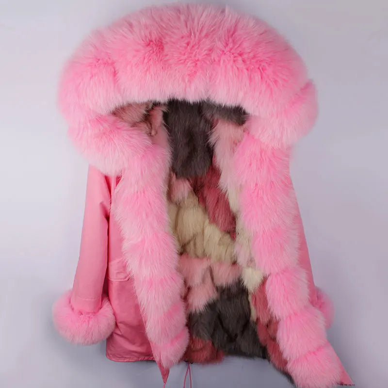 Damen Winterparka mit Kapuze & Pelzimitat-Futter in Rosa