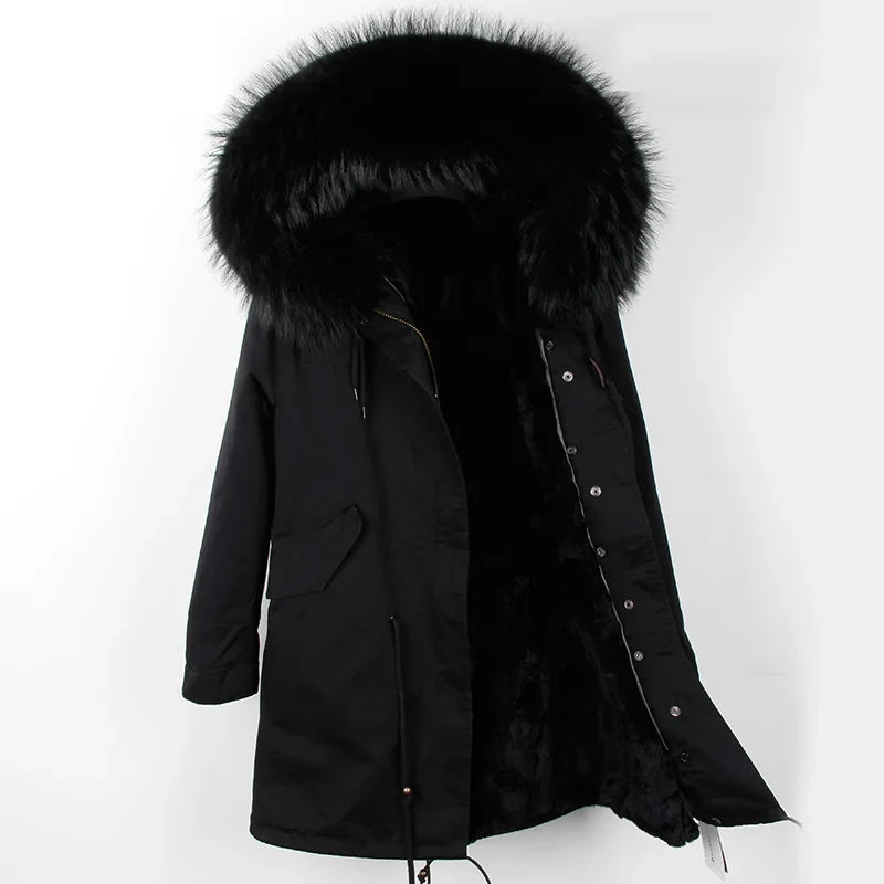Winterparka Damen mit Kunstfellfutter & Pelzkragen Kapuze