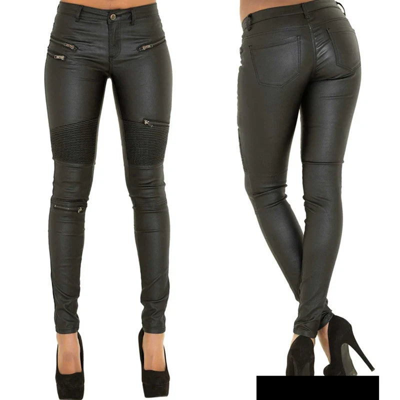 Damen Bikerhose schwarz mit Reißverschlüssen und Steppdetails