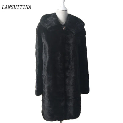 Damen Kunstpelz Mantel Schwarz mit Kapuze Langarm