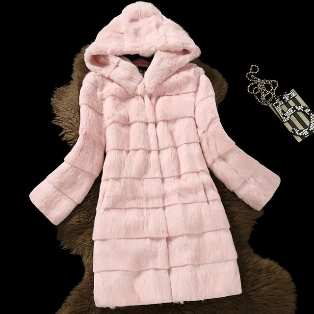 Damen Mantel mit Kapuze Rosa Faux Fur Optik Langarm