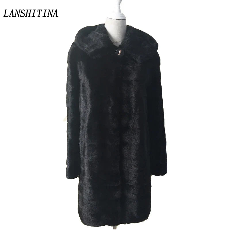 Damen Kunstpelz Mantel Schwarz mit Kapuze Langarm