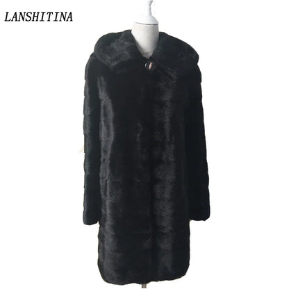 Damen Kunstpelz Mantel Schwarz mit Kapuze Langarm