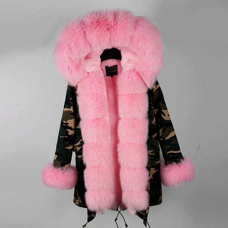 Damen Winterparka mit Kapuze & Pelzimitat-Futter in Rosa