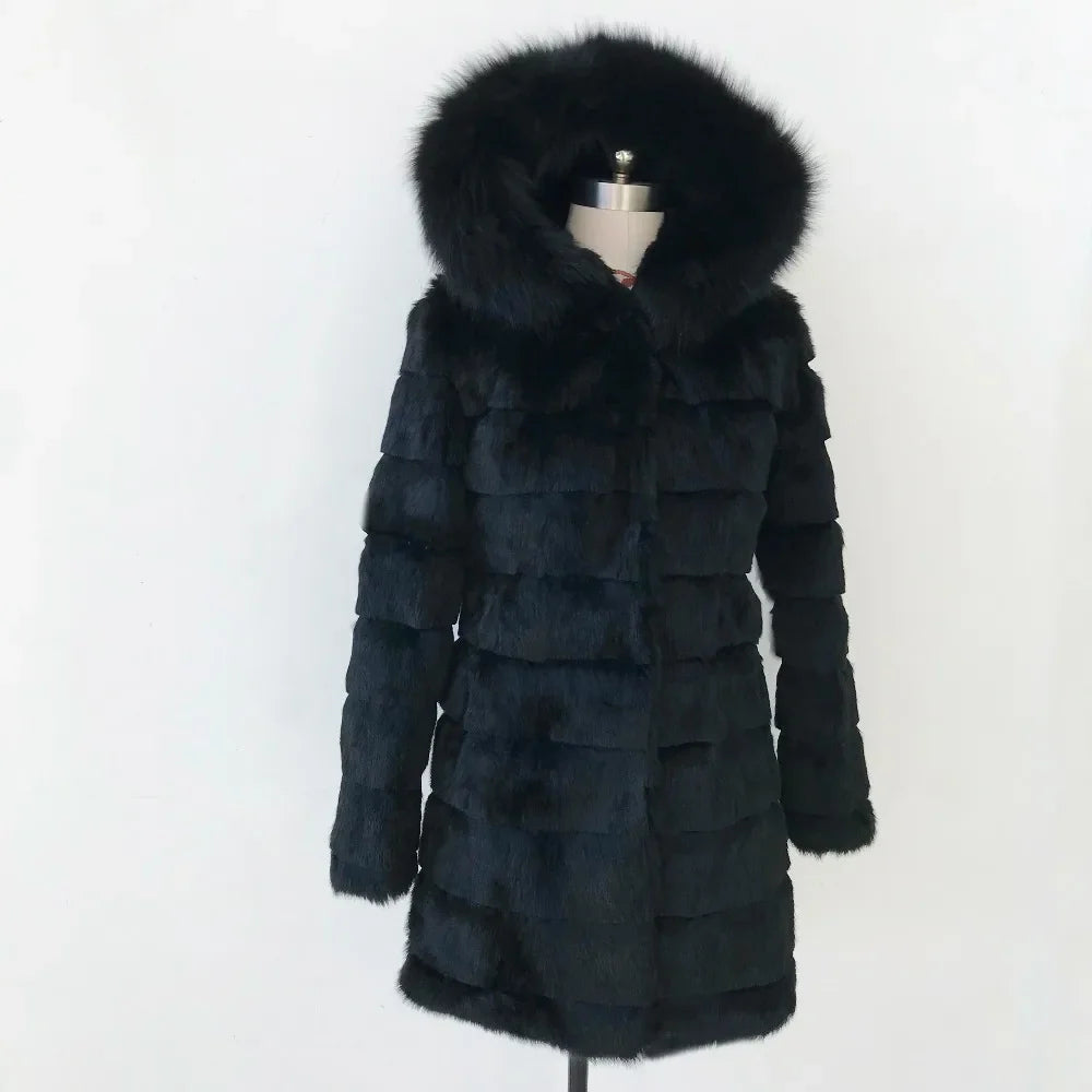 Damen Wintermantel Schwarz mit Kapuze und Plüschbesatz