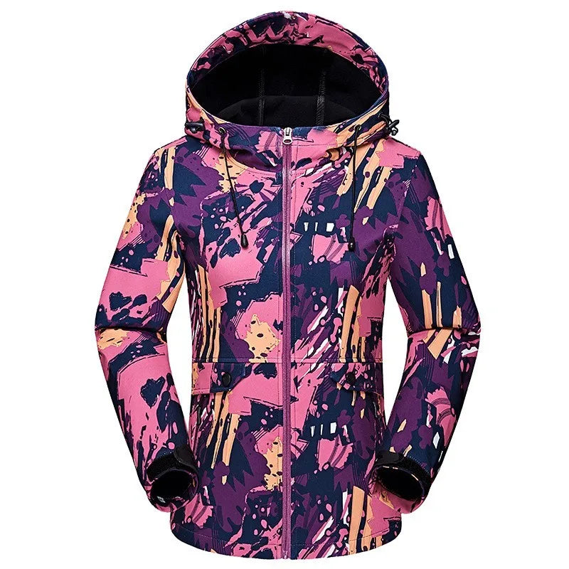 Damen Outdoor Jacke mit Kapuze und Muster Türkis Pink Blau