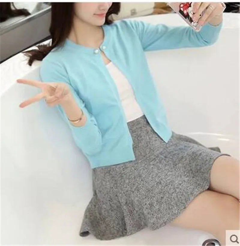 Damen Kurzstrickjacke Bolero Rundhals Langarm Strick-Cardigan