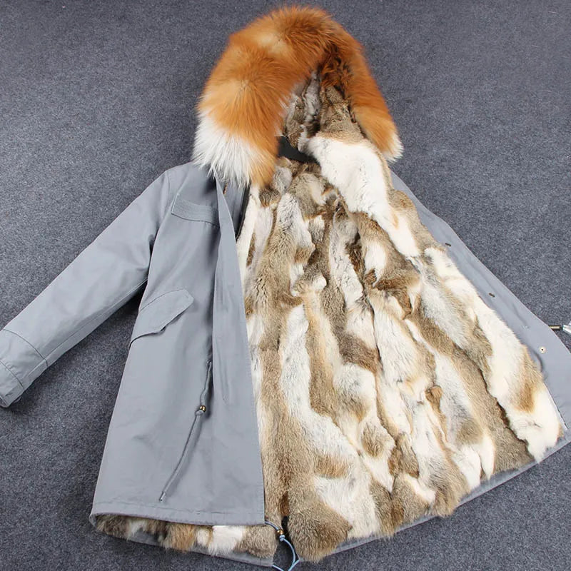 Winterparka Damen mit Kunstfellfutter & Pelzkragen Kapuze