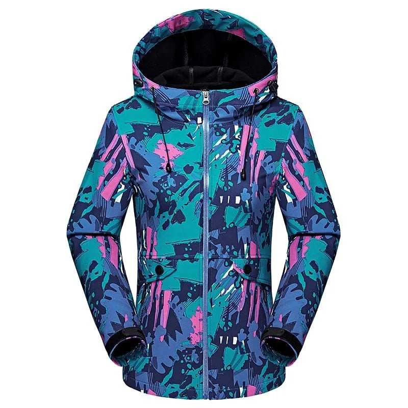 Damen Outdoor Jacke mit Kapuze und Muster Türkis Pink Blau