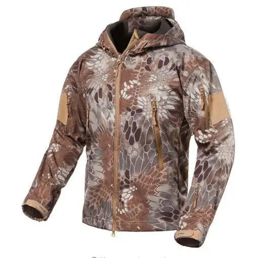 Herren Softshell Outdoor Jacke mit Kapuze und Reißverschlusstaschen Tarnmuster