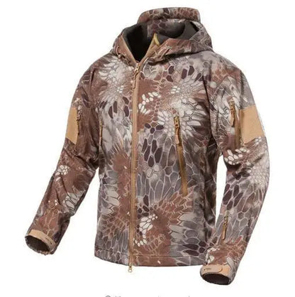 Herren Softshell Outdoor Jacke mit Kapuze und Reißverschlusstaschen Tarnmuster