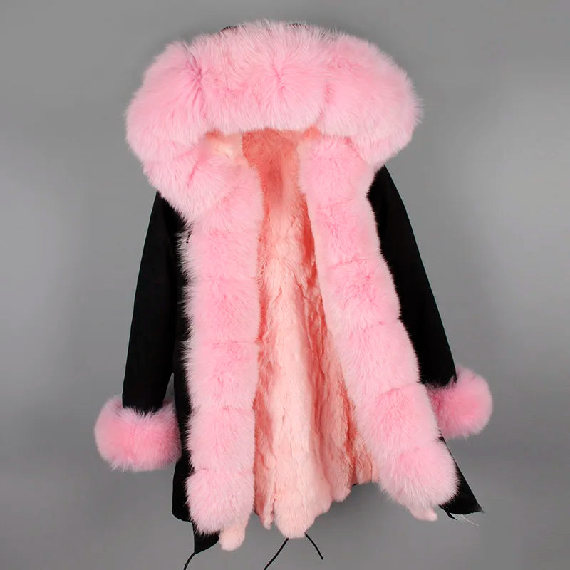 Damen Winterparka mit Kapuze & Pelzimitat-Futter in Rosa
