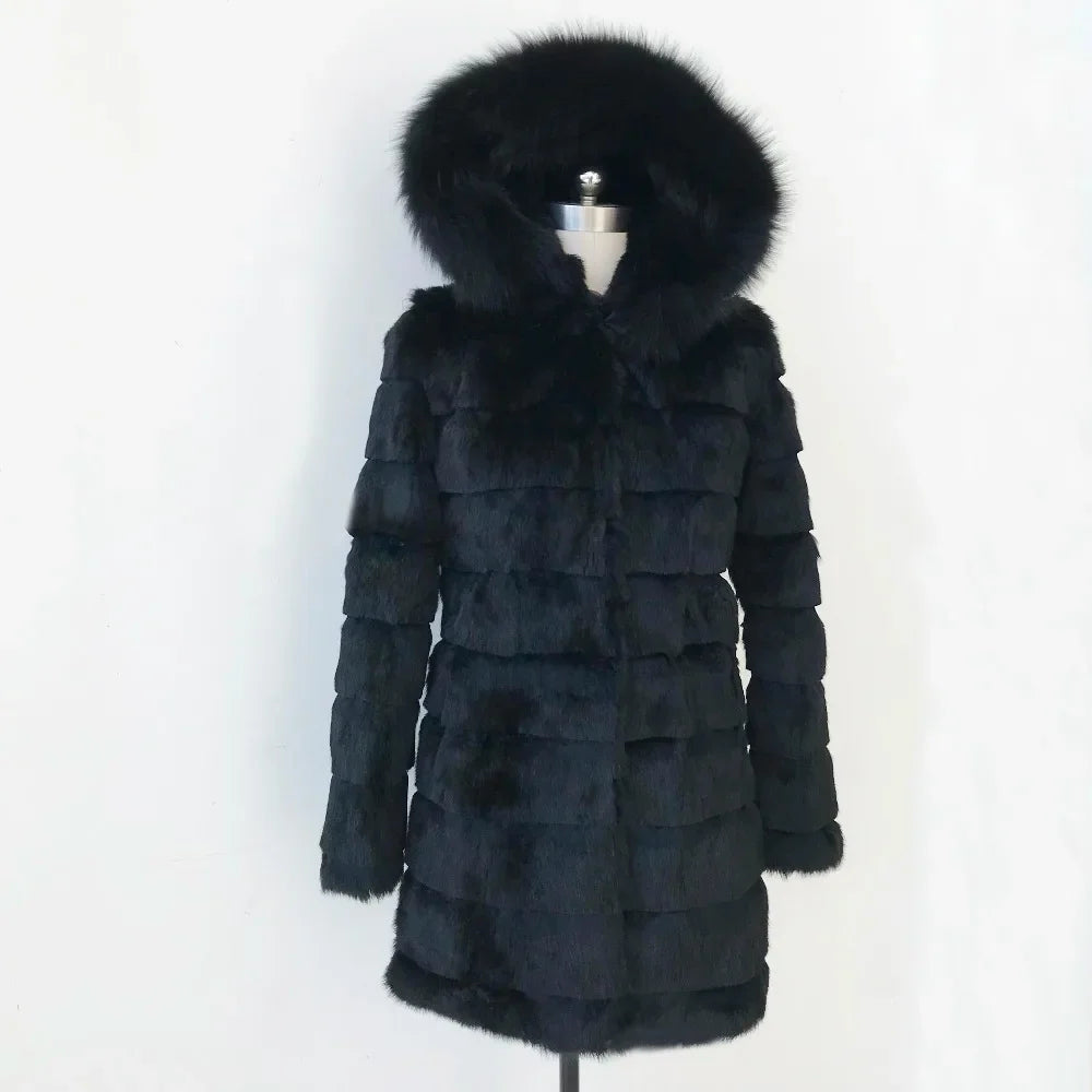 Damen Wintermantel Schwarz mit Kapuze und Plüschbesatz