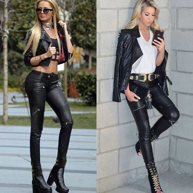 Damen Bikerhose schwarz mit Reißverschlüssen und Steppdetails