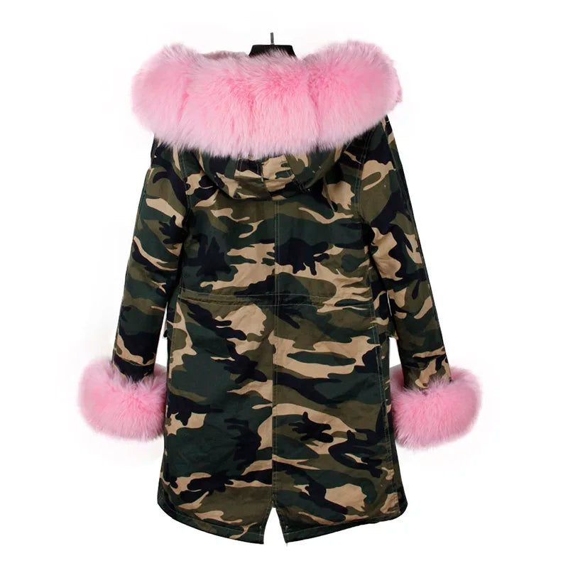 Damen Winterparka mit Kapuze & Pelzimitat-Futter in Rosa