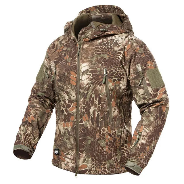Herren Softshell Outdoor Jacke mit Kapuze und Reißverschlusstaschen Tarnmuster