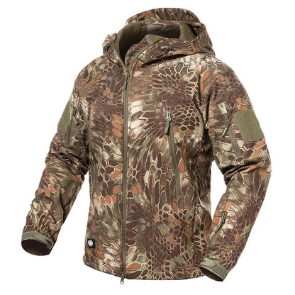 Herren Softshell Outdoor Jacke mit Kapuze und Reißverschlusstaschen Tarnmuster