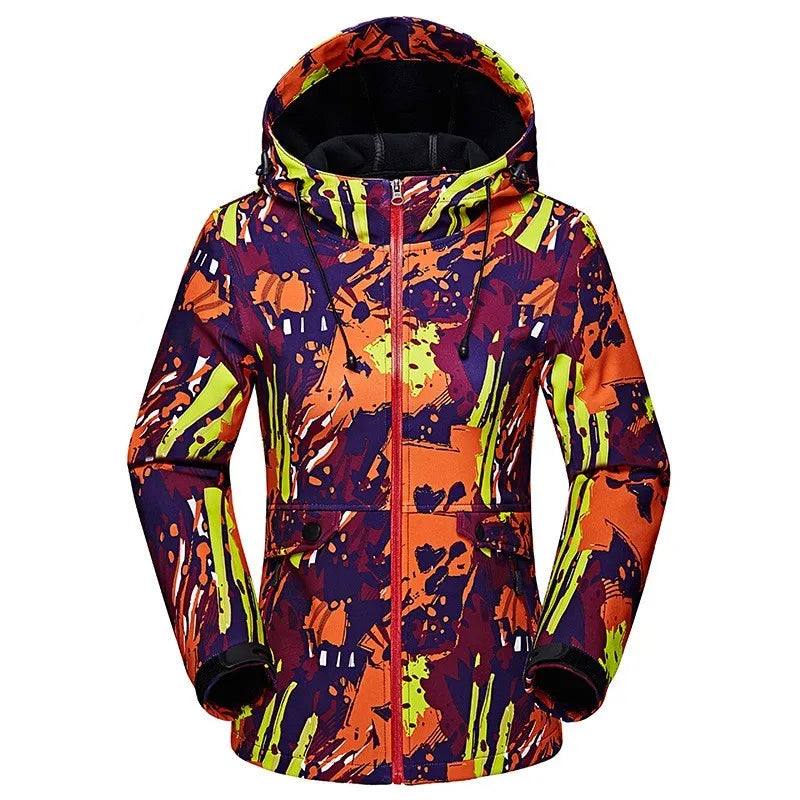 Damen Outdoor Jacke mit Kapuze und Muster Türkis Pink Blau