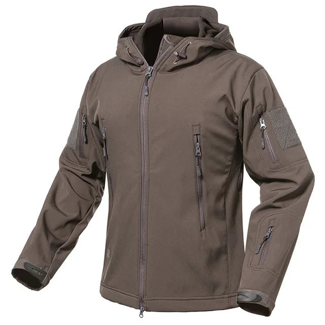 Herren Softshell Outdoor Jacke mit Kapuze und Reißverschlusstaschen Tarnmuster