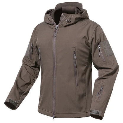 Herren Softshell Outdoor Jacke mit Kapuze und Reißverschlusstaschen Tarnmuster