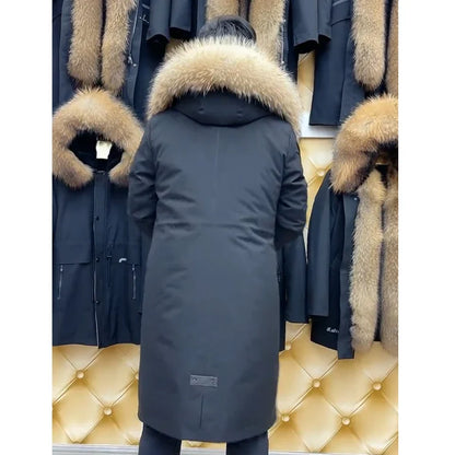 Herren Winterparka Schwarz mit braunem Kunstpelz gefüttert