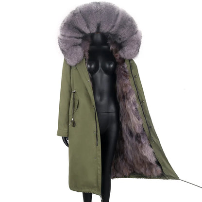 Damen Winterparka Schwarz mit Pelzbesatz Kapuze Lang
