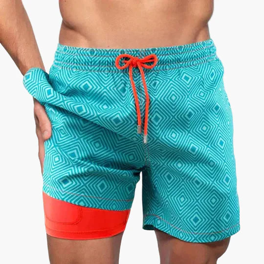 Herren Badeshorts mit Kompressions-Innenshorts – Moderne, schnell trocknende Swimshorts mit tropischem Muster für Strand & Sport