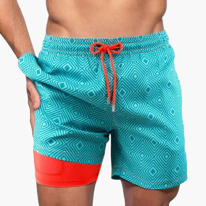 Herren Badeshorts mit Kompressions-Innenshorts – Moderne, schnell trocknende Swimshorts mit tropischem Muster für Strand & Sport