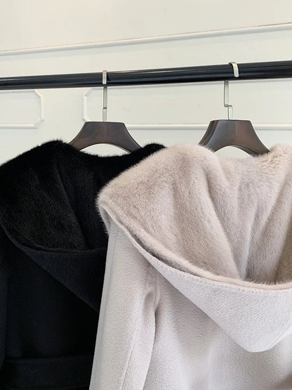 Damen Mantel Lang Gefüttert mit Kapuze Schwarz oder Grau