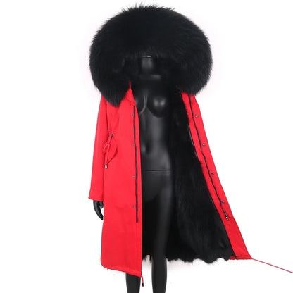 Langer Damen Winter Parka mit Kapuze und Pelzbesatz, warm gefüttert