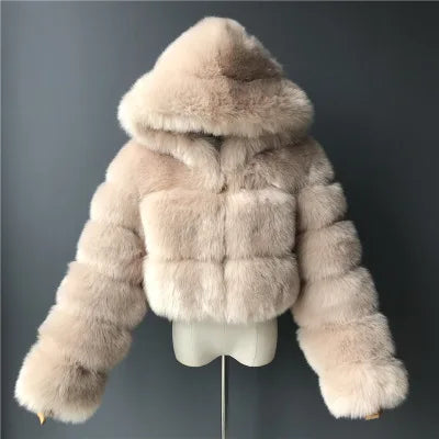 Kurze Damen Pelzimitat Jacke mit Kapuze und langen Ärmeln