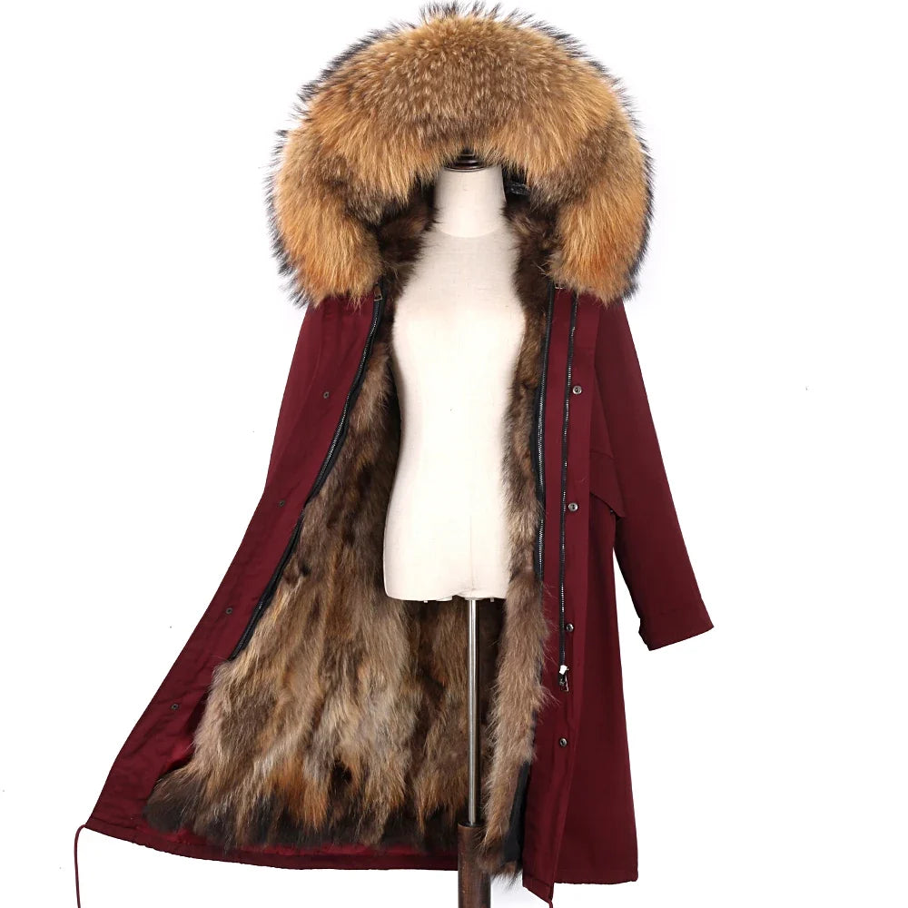 Damen Winterparka Schwarz mit Pelzbesatz Kapuze Lang