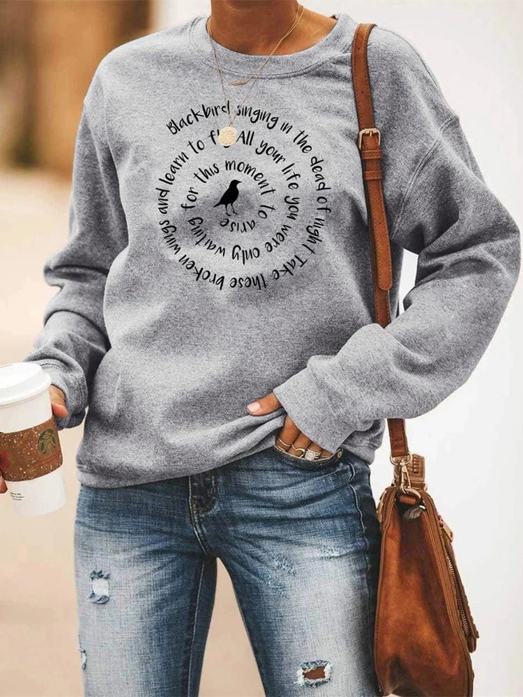 Sweatshirt Damen Rundhals Langarm mit "Blackbird" Schriftzug Druck