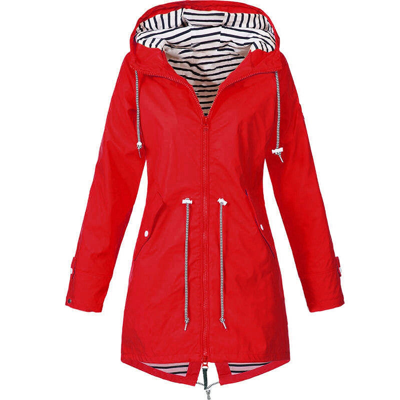 Damen Regenjacke mit Kapuze und Tunnelzug gestreiftes Futter