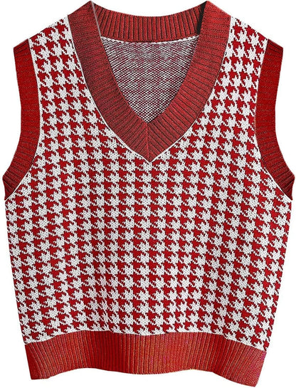 Damen Pullunder Hahnentritt V-Ausschnitt Strickweste Beige