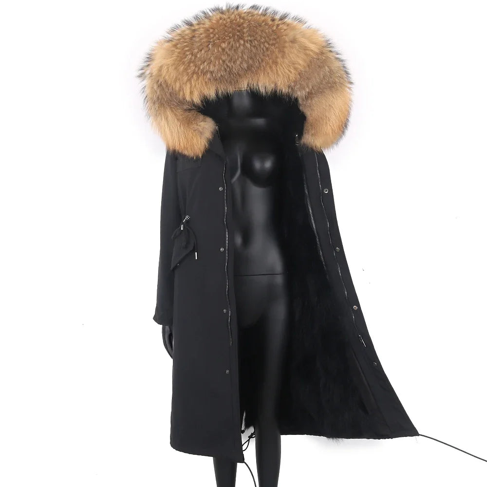 Langer Damen Winter Parka mit Kapuze und Pelzbesatz, warm gefüttert
