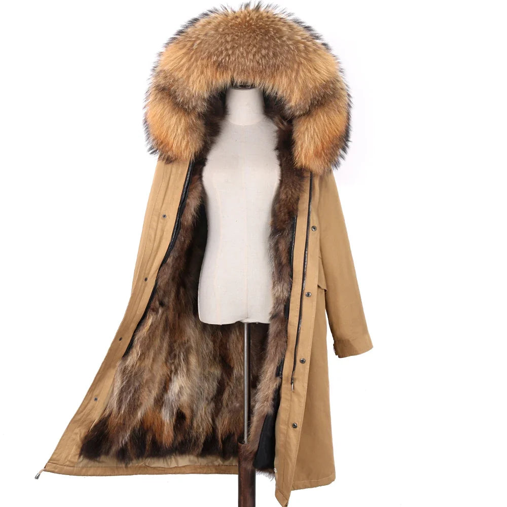 Damen Winterparka Schwarz mit Pelzbesatz Kapuze Lang