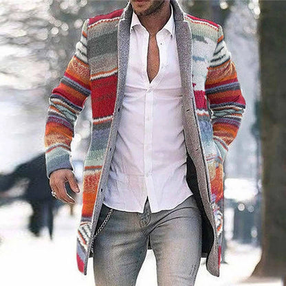 Herren Cardigan Strickjacke Lang Multi-Farben Gestreift Offen Wintermantel Jacke