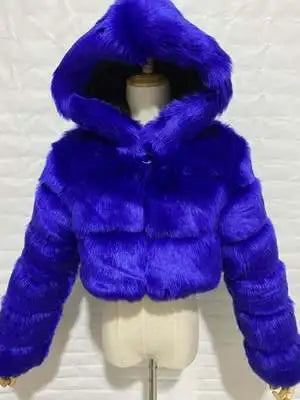 Kurze Damen Pelzimitat Jacke mit Kapuze und langen Ärmeln
