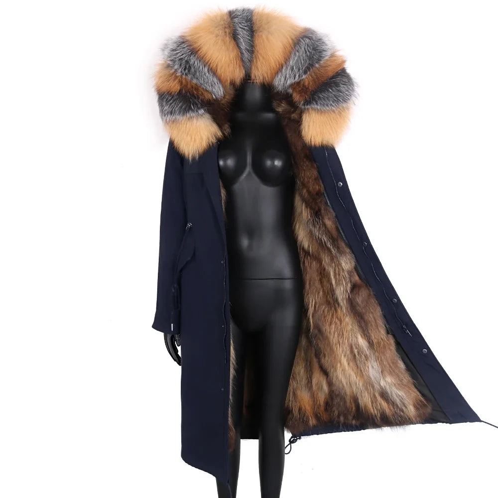 Langer Damen Winter Parka mit Kapuze und Pelzbesatz, warm gefüttert