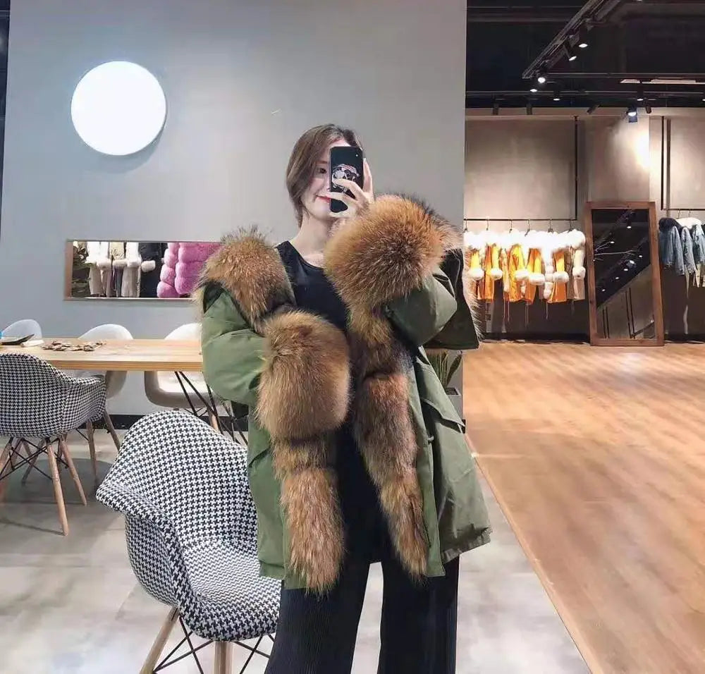 Damen Parka Jacke mit Kapuze und Pelzimitat Futter Olive Grün