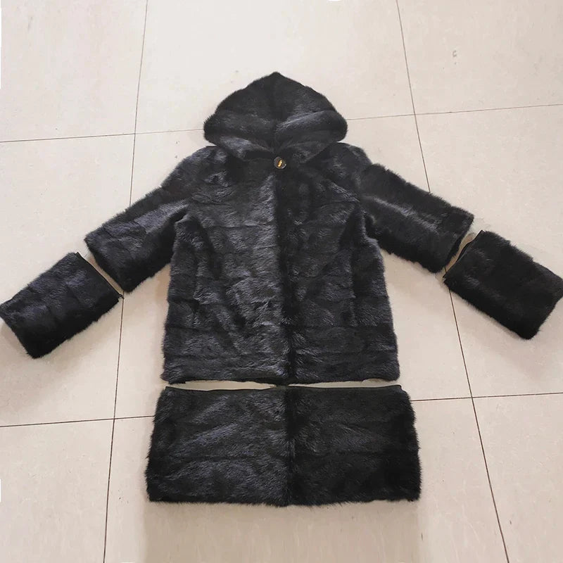 Damen Kunstpelz Mantel Schwarz mit Kapuze Langarm