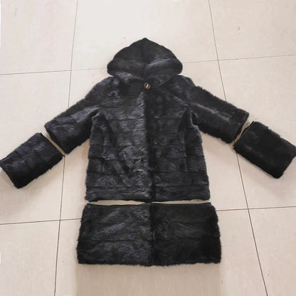 Damen Kunstpelz Mantel Schwarz mit Kapuze Langarm