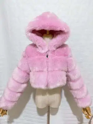Kurze Damen Pelzimitat Jacke mit Kapuze und langen Ärmeln